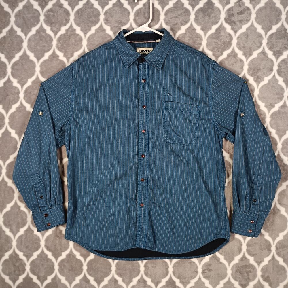 Vintage Levis Shirt Men XL Blue Pinstripe Pearl Snap‎ Workwear Mechanic